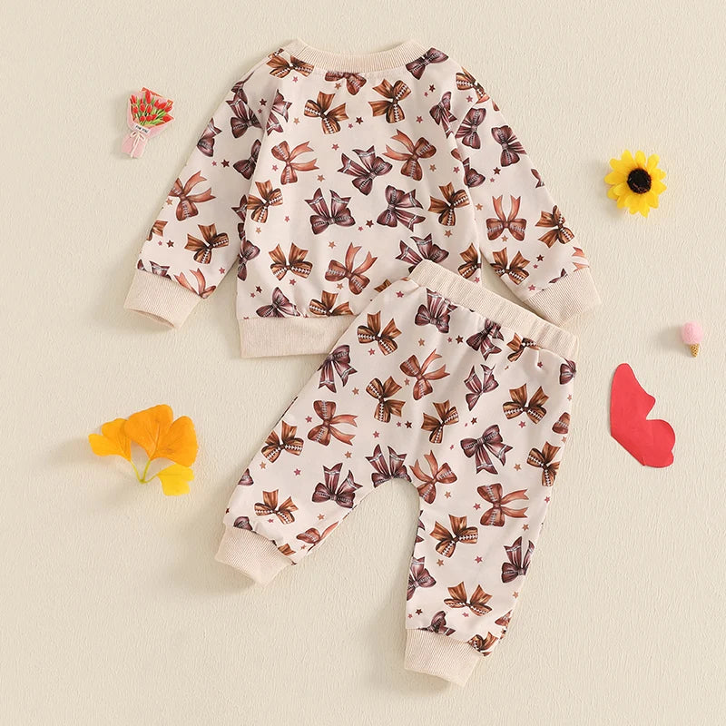 Baby Toddler Girls 2Pcs Fall Jogger Set Long Sleeve O Neck Bow Print Top Drawstring Pants Outfit