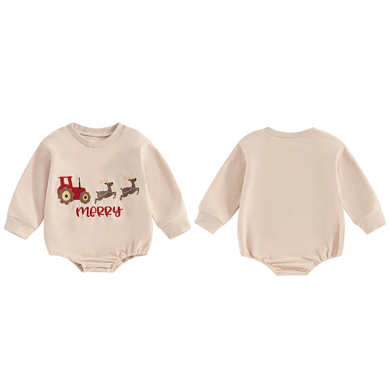 Baby Girls Boys Christmas Merry Romper Long Sleeve Crew Neck Reindeer Tractor Embroidery Jumpsuit