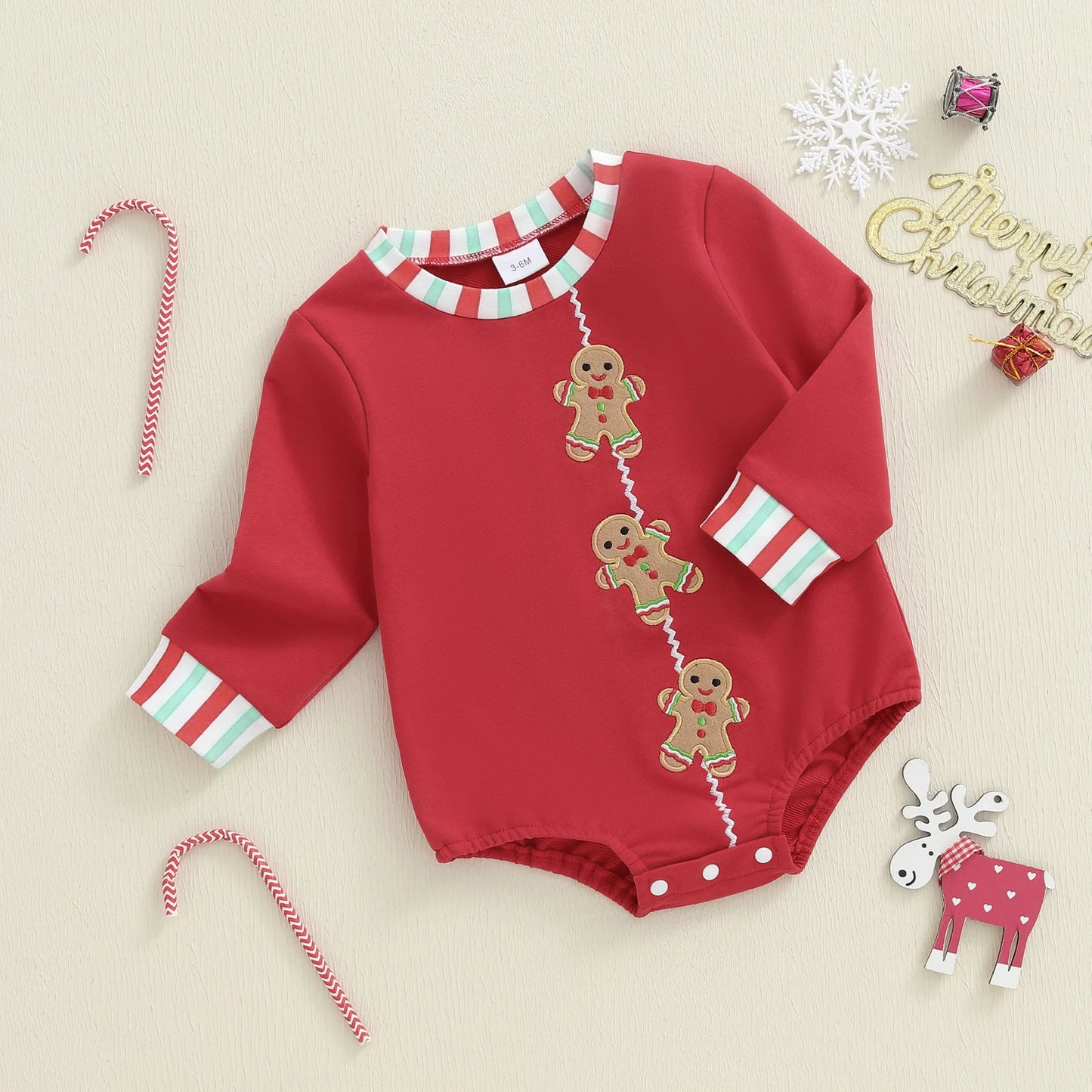 Baby Boys Girls Christmas Gingerbread Embroidery Romper Long Sleeve Crew Neck Bubble Infant Jumpsuit