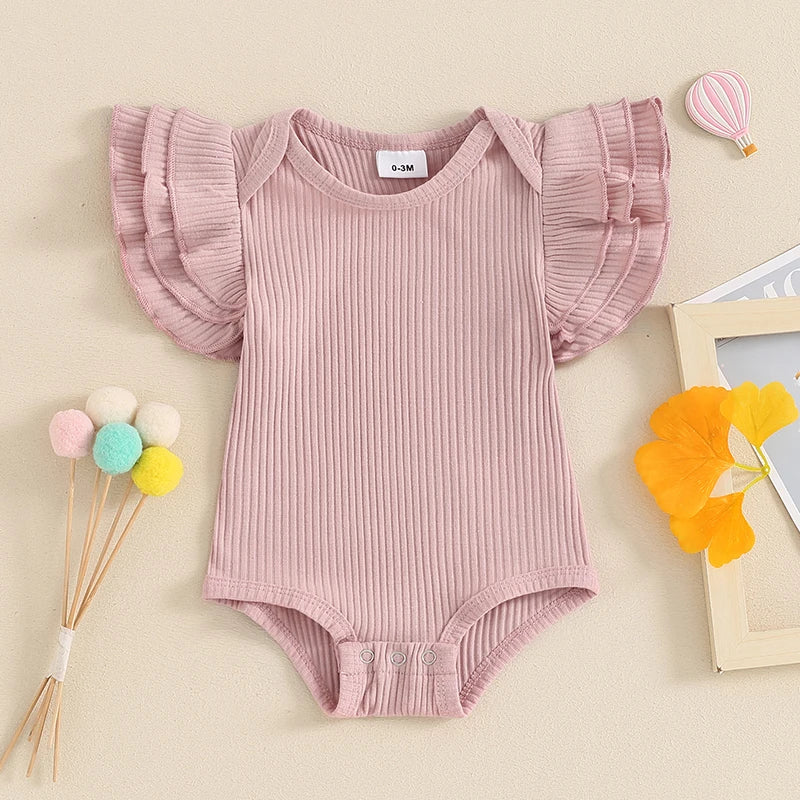 Baby Girl Summer Clothes Ribbed Plain Ruffle Sleeve Short Sleeve Bodysuit Rib Knit Romper