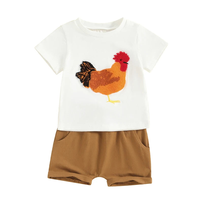 Baby Toddler Kids Boys 2Pcs Outfit Chicken Rooster Short Sleeve Top and Elastic Shorts  Set