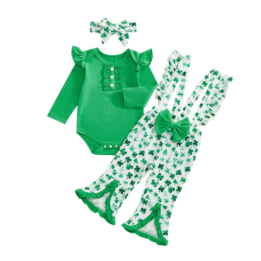 Baby Girl 3Pcs Irish St. Patrick's Day Clothing Sets Fashionable Long Sleeve Romper with Shamrock Print Overalls and Headband Outfit