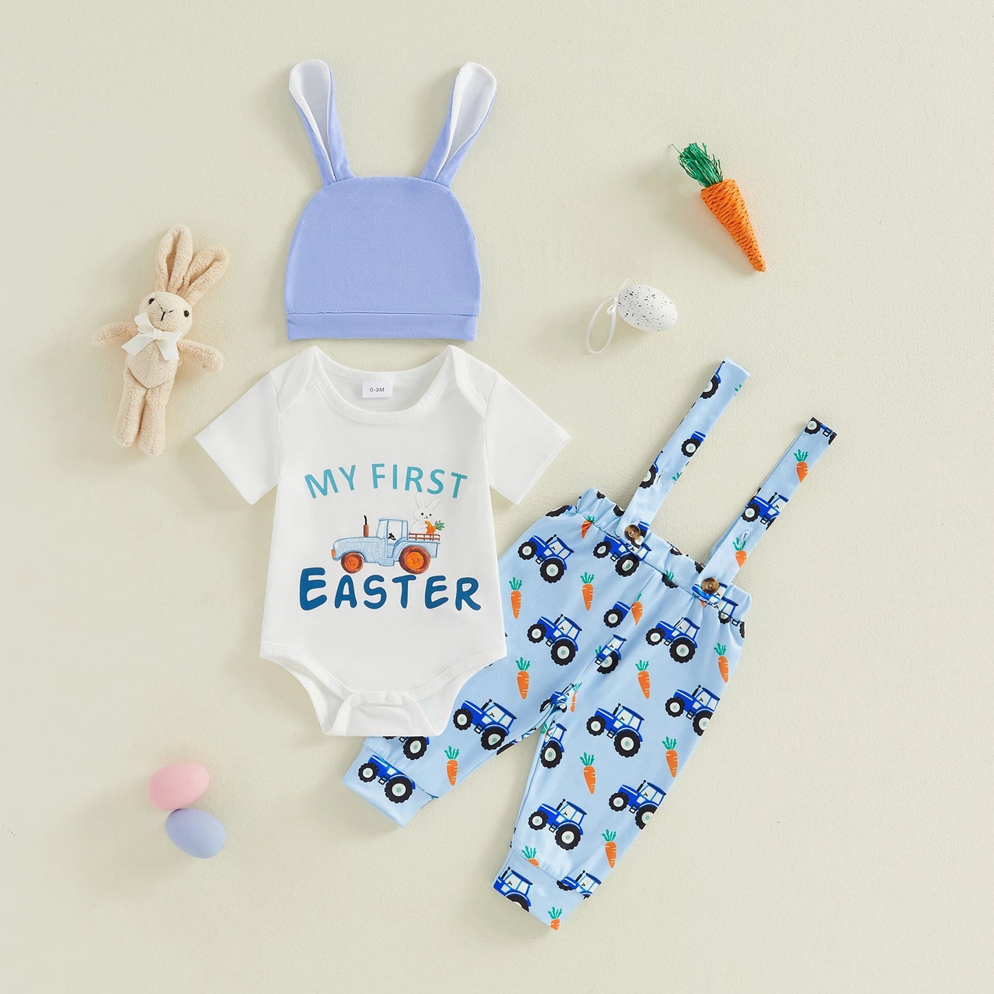 Baby Boy Girls 3Pcs Easter Outfits Cute Short Sleeve Round Neck Rabbit Letter My First Easter Print Jumpsuit Overalls and Hat Set