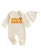 Baby Boys Girls 2Pcs Little Turkey Thanksgiving Outfit Long Sleeve Crew Neck Letter Turkey Embroidery Full Length Romper with Hat Set