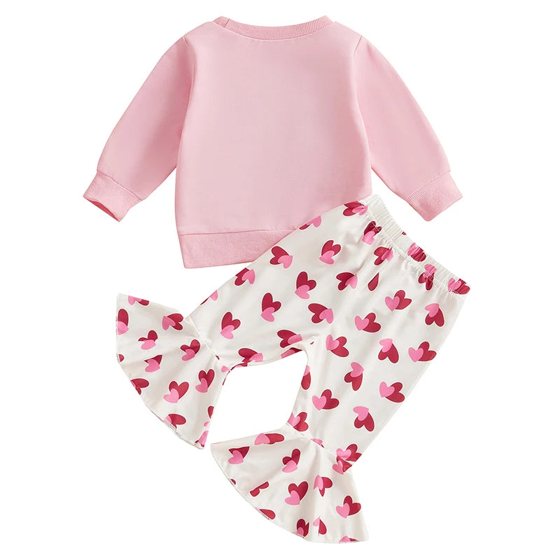 Baby Toddler Girls 2Pcs Valentine's Day Set XOXO Heart Letter Embroidered Long Sleeve Crewneck Top Heart Print Flare Pants Outfit