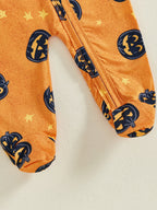 Baby Boy Girl 2Pcs Halloween Footed Zipper Romper Pumpkin Print Long Sleeve Round Neck Zip Jumpsuit with Hat Set