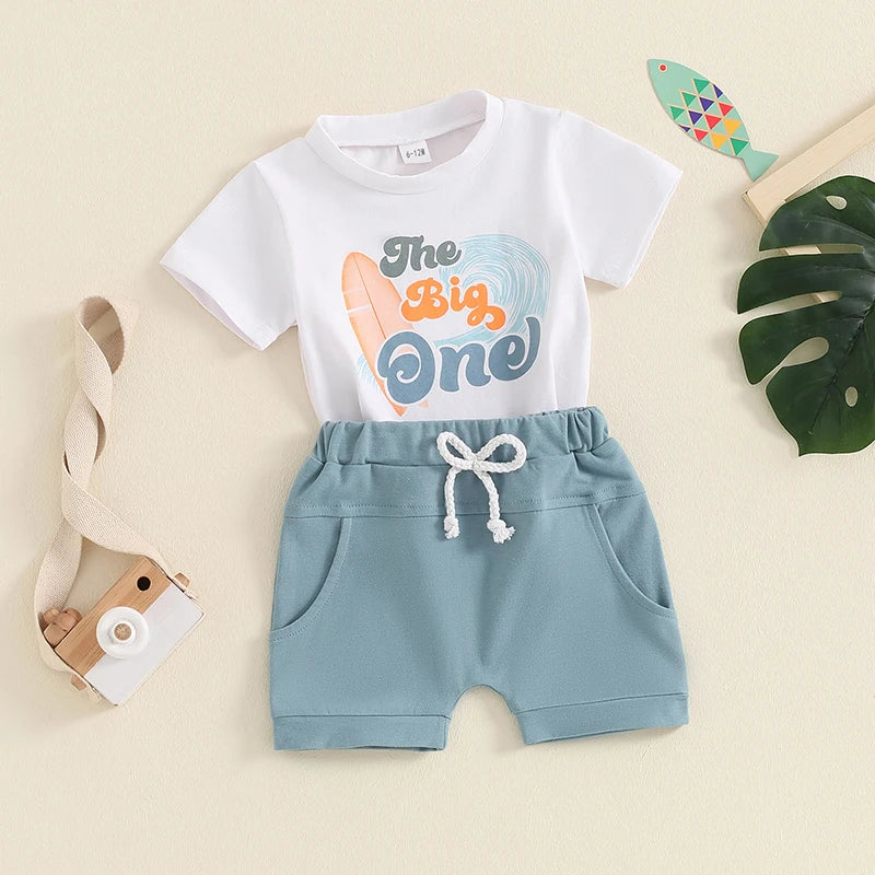 Baby Boys 2Pcs The Big One Birthday Outfit Letter Surfboard Print Short Sleeve Top and Shorts Summer One Yea Old Outfit Set