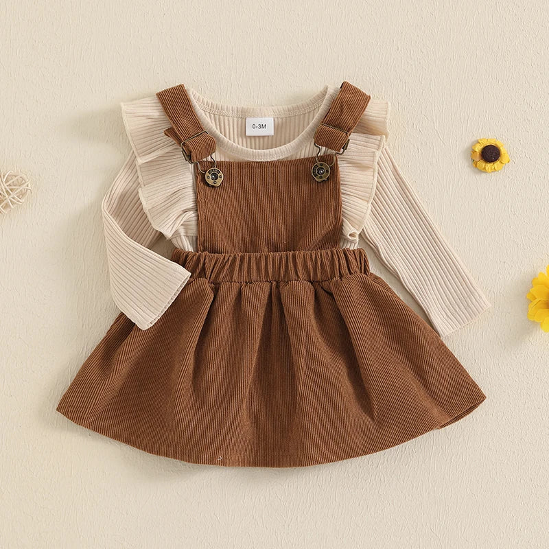 Baby Girl 2Pcs Fall Outfit Solid Ruffled Long Sleeve Crew Neck Romper with Corduroy Suspender Skirt 2Pcs Set