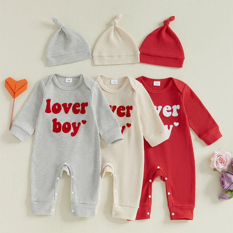 Baby Boy 2Pcs Lover Boy Romper Letter Heart Embroidery Valentines Long Sleeve Full Length Jumpsuit with Hat Valentine's Day Outfit Set