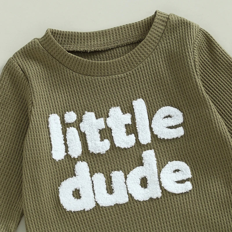 Baby Toddler Boys 2Pcs Little Dude Waffle Outfit Letter Embroidery Long Sleeve Top with Elastic Waist Solid Pants Set