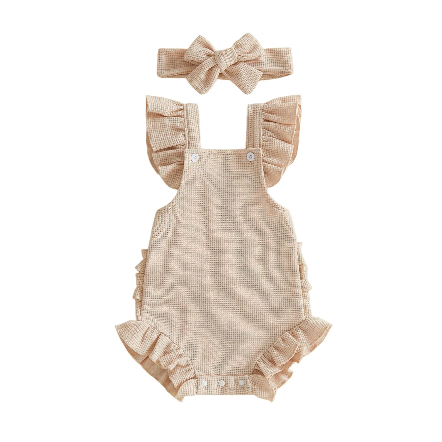 Baby Girl 2Pcs Spring Summer Outfits Ruffle Sleeveless Solid Color Romper with Headband Set