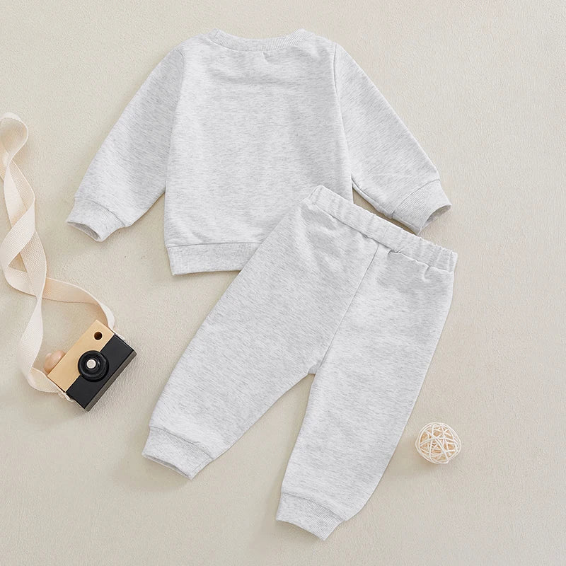 Baby Toddler Girl Boy 2Pcs Outfit Duck Embroidery Long Sleeve Crew Neck Top with Elastic Waist Pants Jogger Set