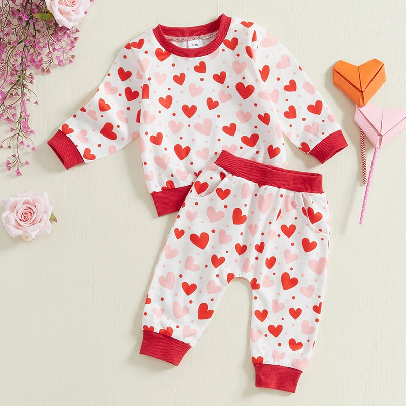 Baby Toddler Girls 2Pcs Valentines Outfit Heart Print Long Sleeve Crewneck Top with Long Jogger Pants Valentine's Day Set