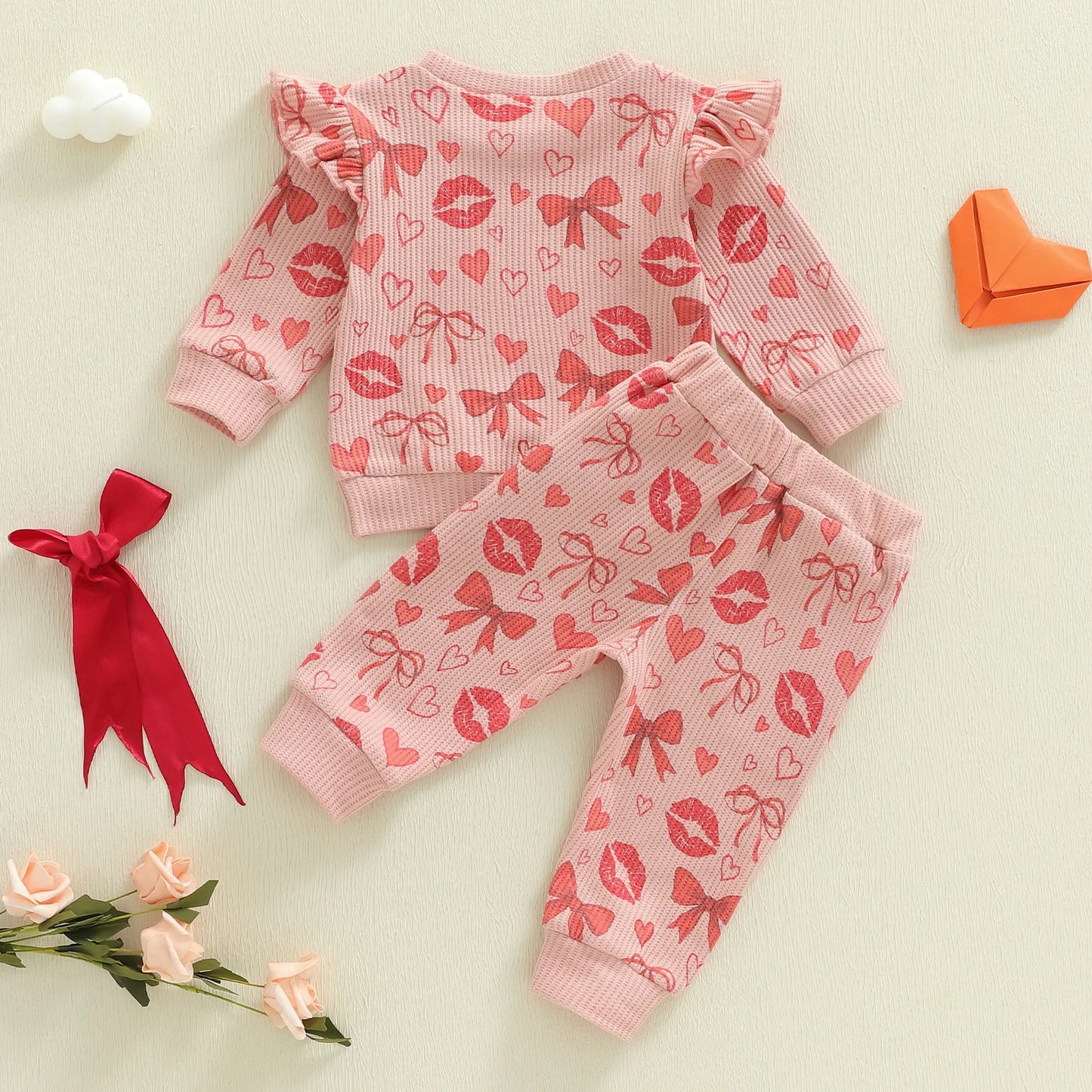 Baby Toddler Girls 2Pcs Valentine's Day Outfit Heart Bow Kiss Print Long Sleeve Crew Neck Top and Elastic Waist Pants Jogger Set