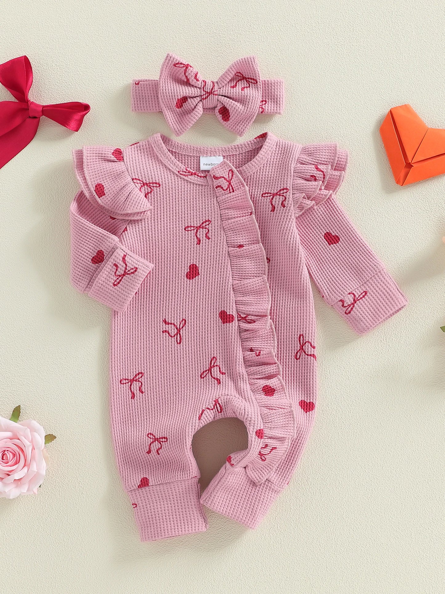 Baby Girls 2Pcs Valentine's Day Romper Outfit Heart Print Ruffle Long Sleeve Jumpsuits Bow Headband Set