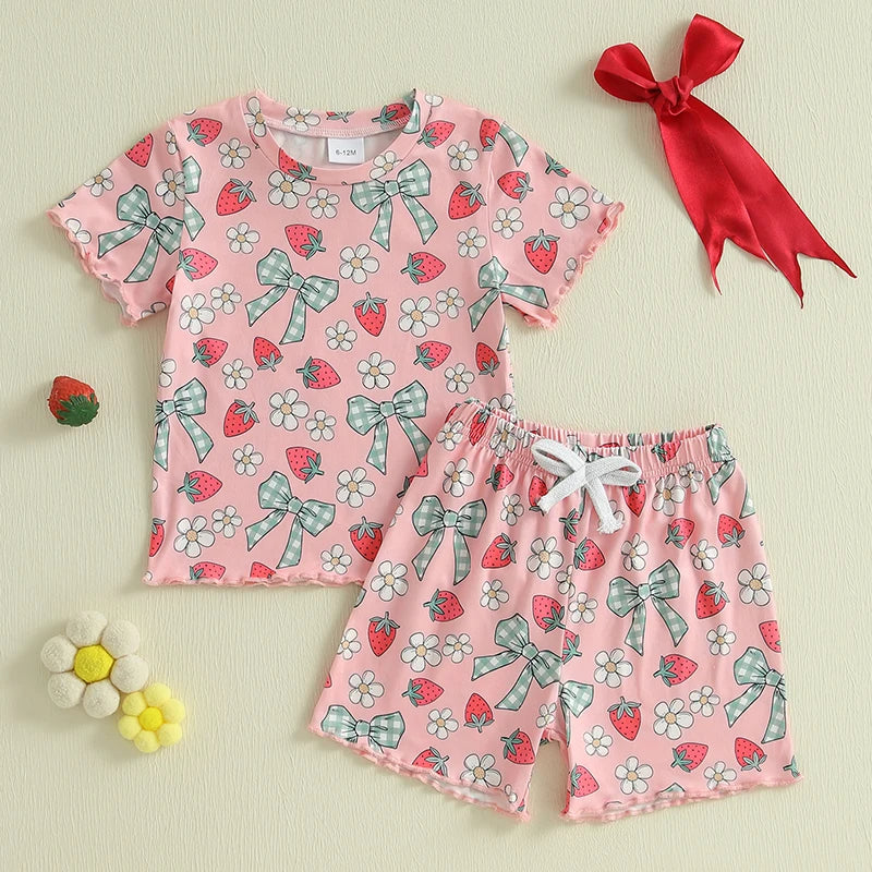 Baby Toddler Girls 2Pcs Summer Spring Outfit Short Sleeve Bow Strawberry Flower Floral Print Top + Shorts Set Clothes