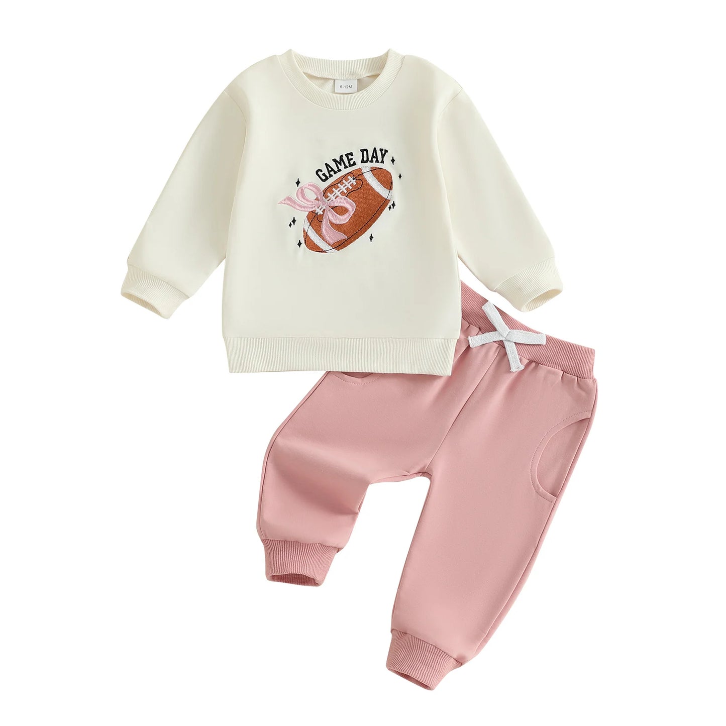 Baby Toddler Girls 2Pcs Game Day Fall Outfits Long Sleeve Bow Football Embroidery Top Jogger Pants Set Clothes