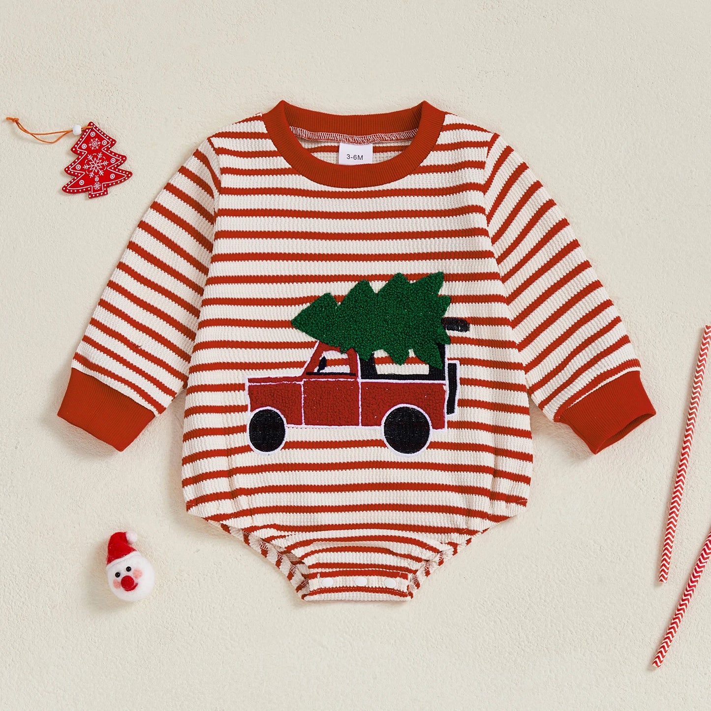 Baby Boy Girl Christmas Striped Jumpsuit Long Sleeve Round Neck Tree Truck Embroidery Romper