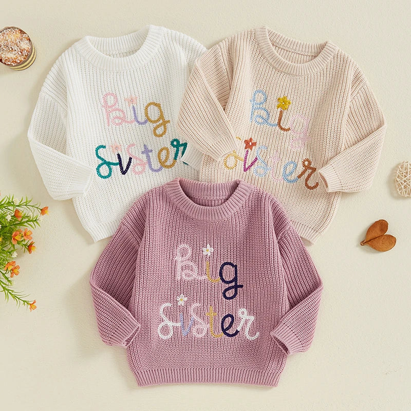 Baby Toddler Kids Girls Big Sister Fall Winter Sweater Casual Letter Flower Embroidery Crew Neck Long Sleeve Pullover Top