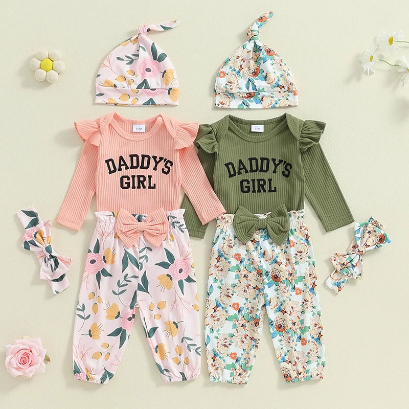 Baby Girls 3Pcs Daddy's Girl Fall Outfit Long Sleeve Ribbed Romper Frill Sleeve + Bow Flower Print Pants + Headband + Hat Set