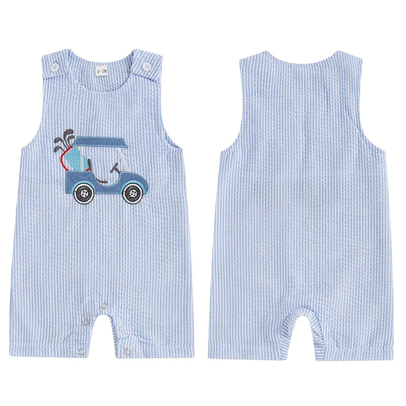 Baby Boys Jumpsuit Sleeveless Crew Neck Striped Embroidery Golf Cart Summer Romper