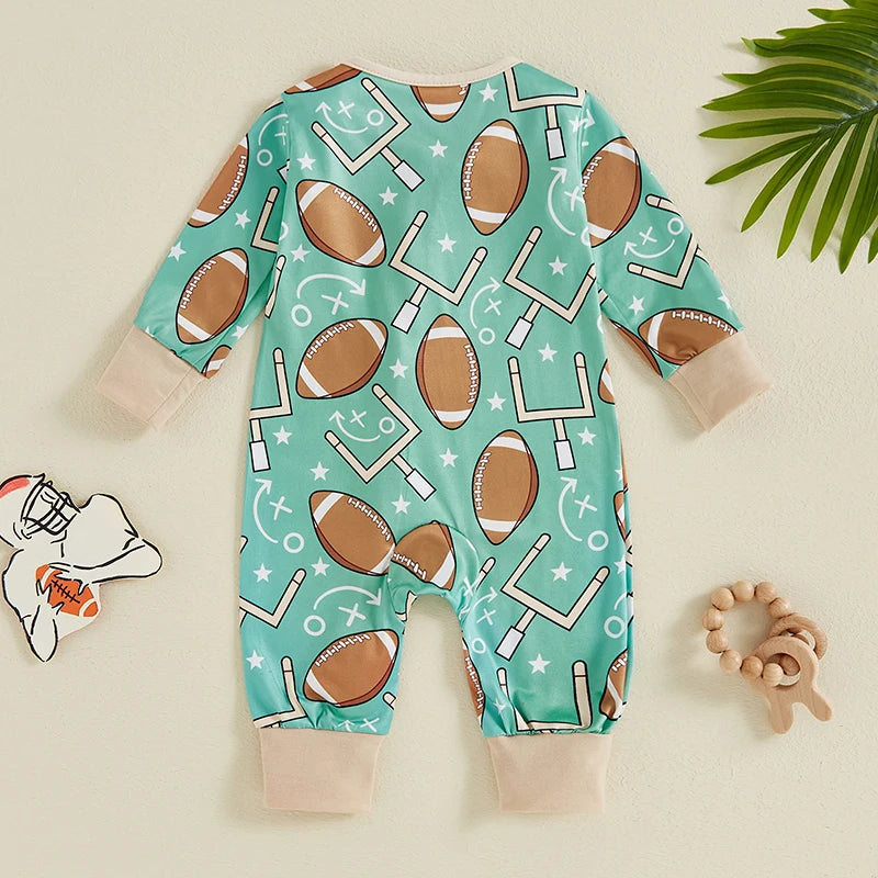 Baby Boy Long Sleeve Romper Football Print Front Zipper Jumpsuit Fall