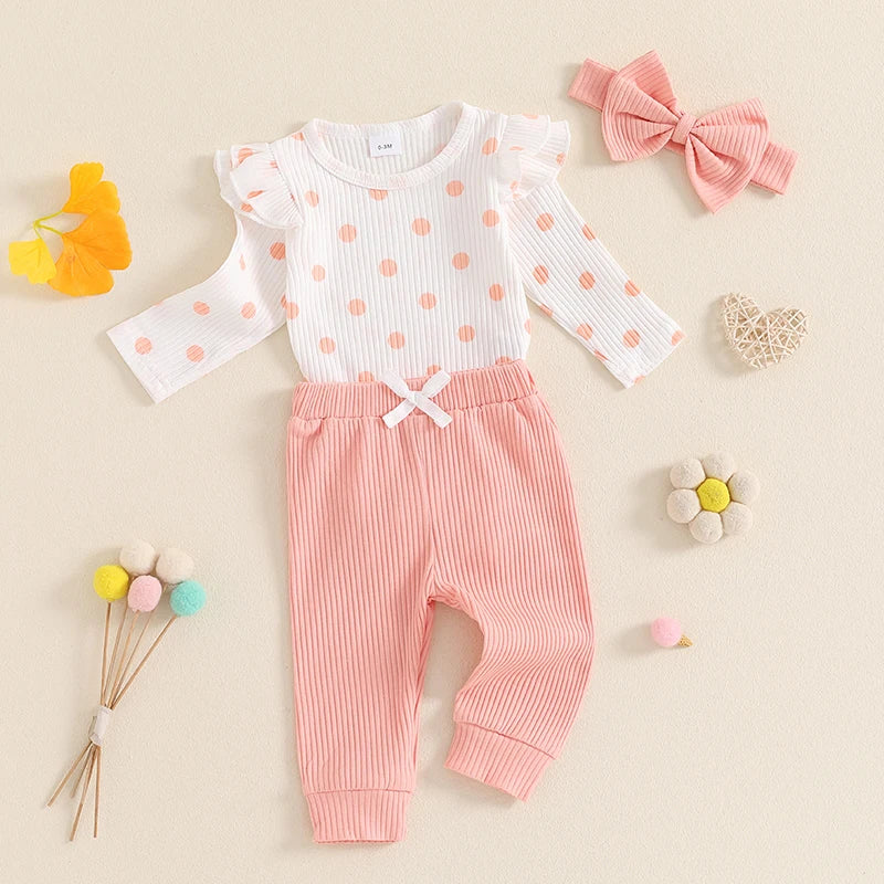 Baby Girls 3Pcs Fall Outfit Long Sleeve Polka Dots Print Romper with Pants and Headband Clothing Set