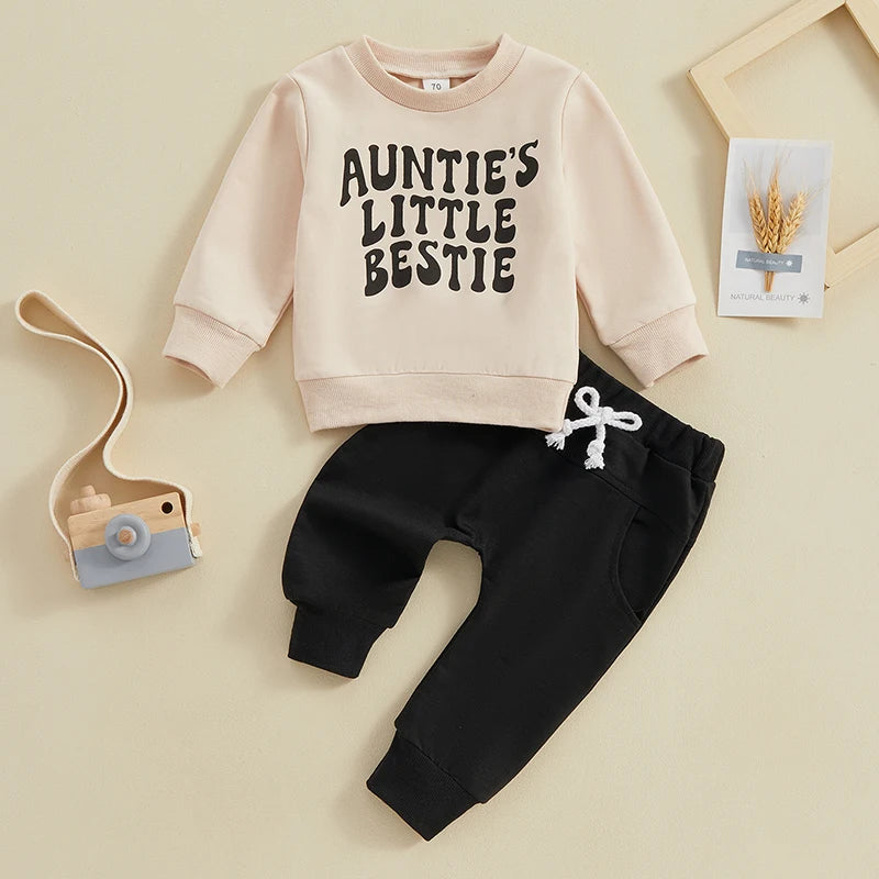 Baby Toddler Boys Girls 2Pcs Auntie's Little Bestie Set Letter Print Long Sleeve Pullover Top Pants Fall Winter Outfit