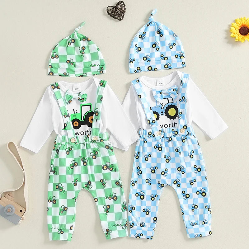 Baby Boys 3Pcs Worth The Wait Outfit Long Sleeve Round Neck Romper Tractor Print Suspender Pants Overalls Hat Set