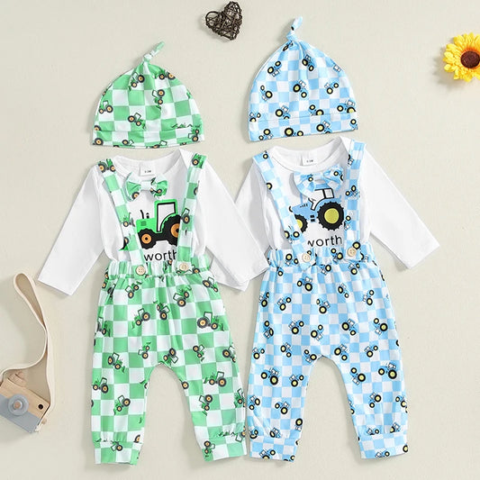 Baby Boys 3Pcs Worth The Wait Outfit Long Sleeve Round Neck Romper Tractor Print Suspender Pants Overalls Hat Set