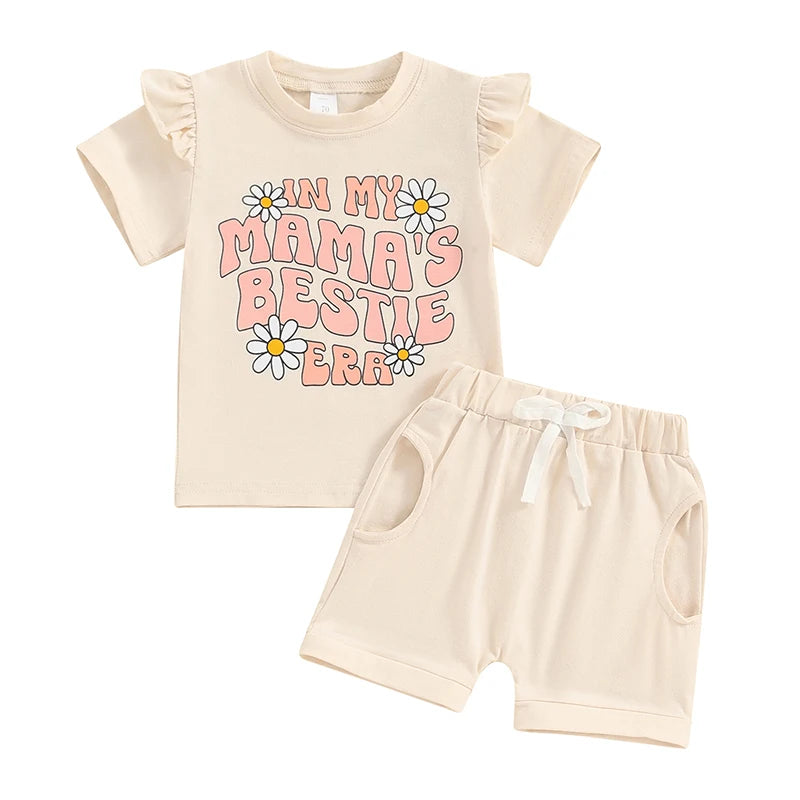 Baby Toddler Girl 2Pcs In My Mama's / Auntie's Bestie Era Short Sleeve Daisy Letter Print Top Shorts Set Spring Summer Outfits