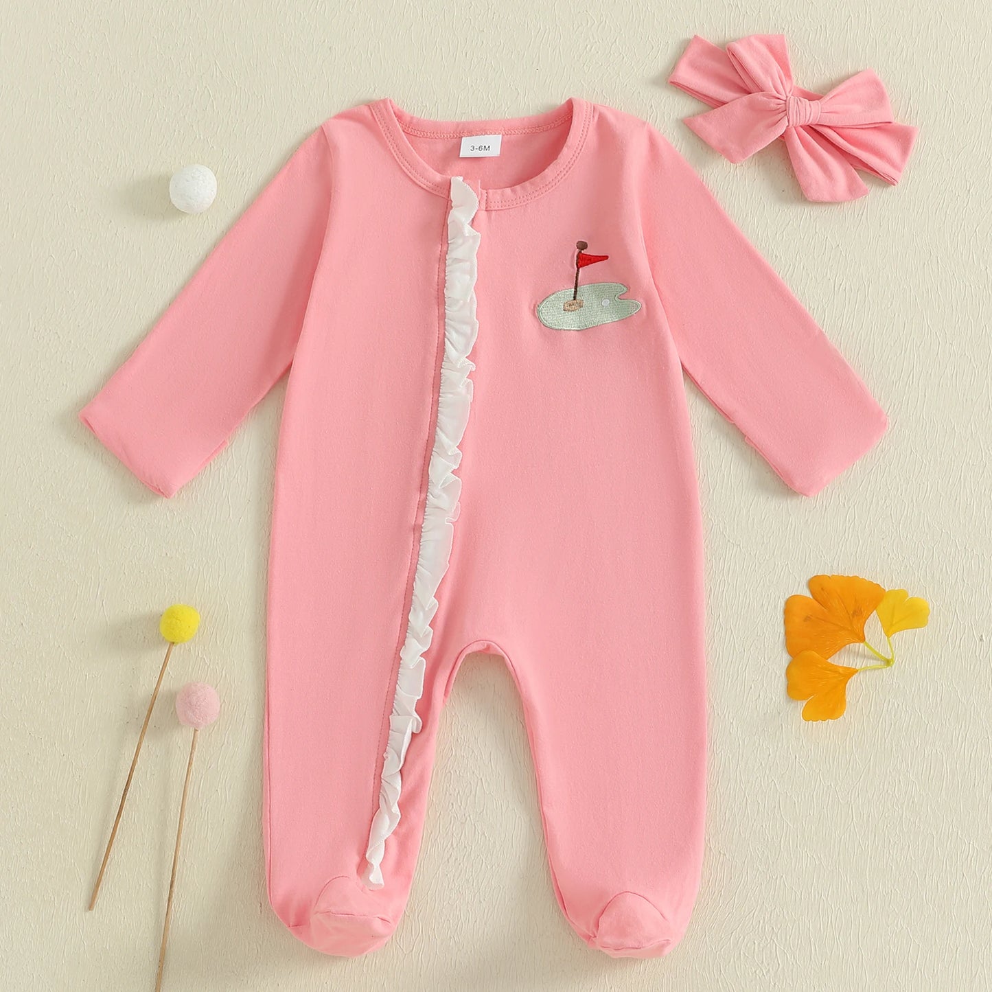 Baby Girls 2Pcs Footies Rompers Golf Embroidered Long Sleeve Round Neck Infant Fall Jumpsuits with Headband Set