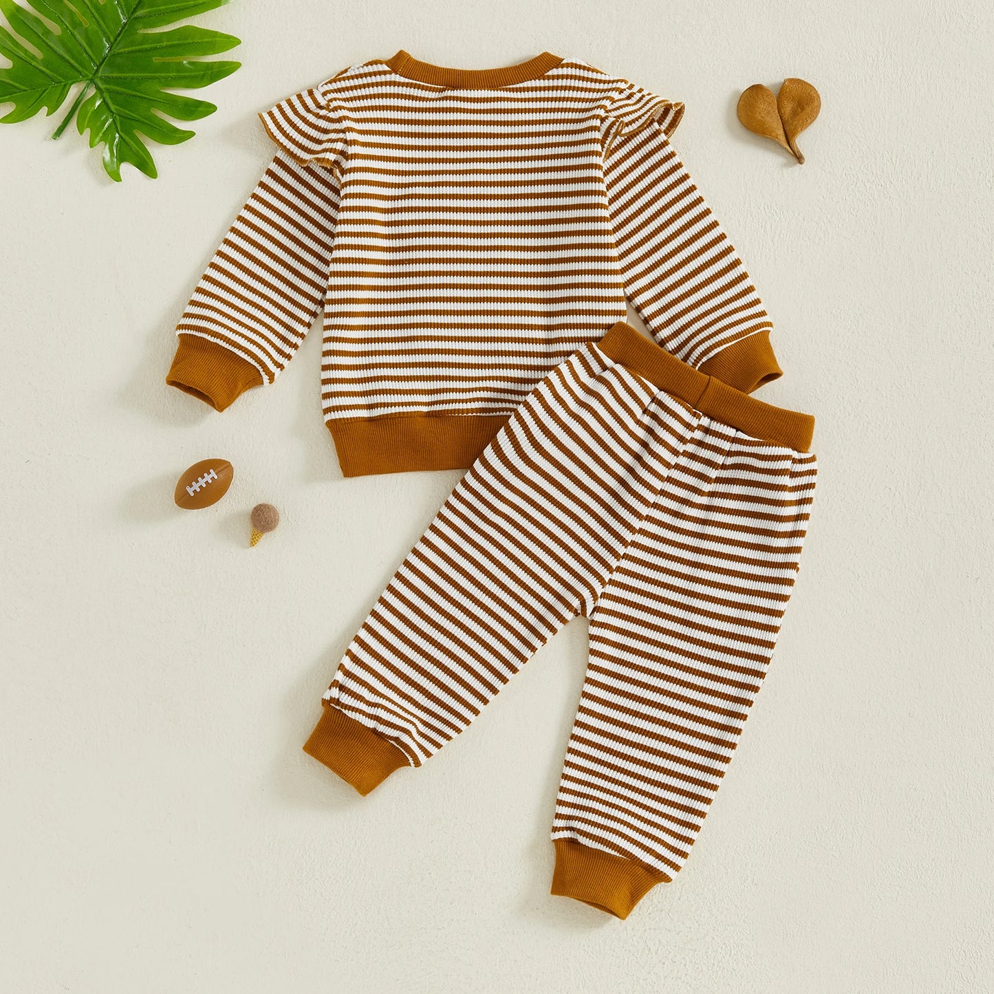 Baby Toddler Girls 2Pcs Game Day Fall Outfits Letter Bow Embroidered Striped Crew Neck Long Sleeve Top with Jogger Pants 2Pcs Set