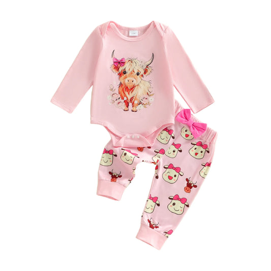 Baby Girls 2Pcs Set Long Sleeve O Neck Highland Cow Cattle Print Romper Pants Set