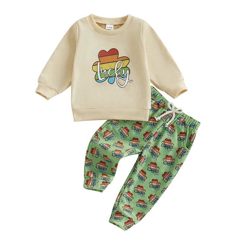 Baby Toddler Boys 2Pcs St. Patrick's Day Outfit Long Sleeve Lucky Rainbow Shamrock Print Crewneck Top + Pants Jogger Set