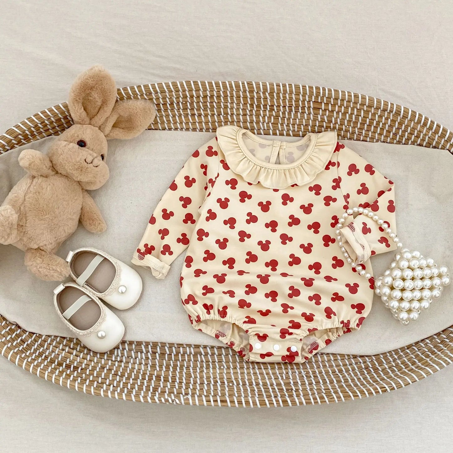 Baby Toddler Girl Clothes Mouse Print Romper Elegant Collar Long Sleeve Cute Sweet Bodysuit Autumn