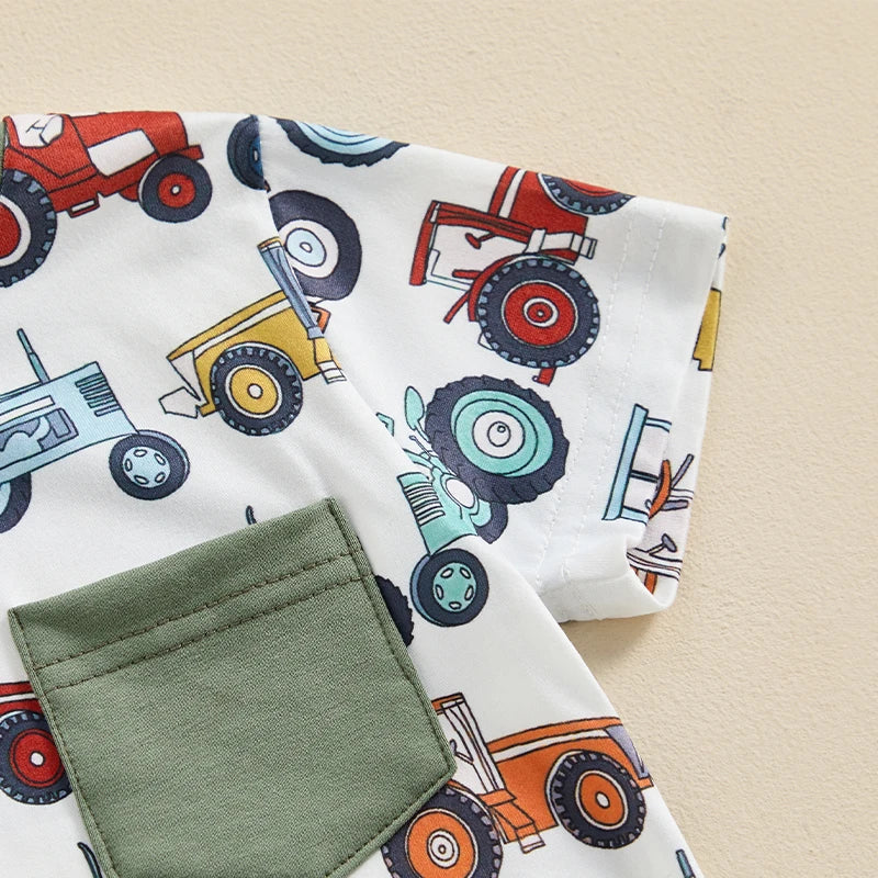 Toddler Baby Boys 2Pcs Short Sleeve Tractors Print Top and Drawstring Shorts Set