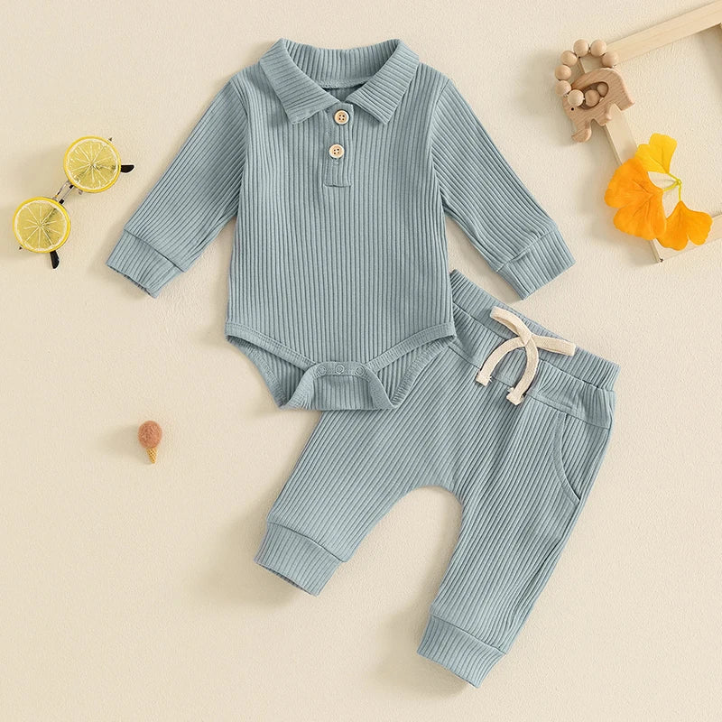 Baby Boys Girls 2Pcs Ribbed Set Button Long Sleeve Romper with Collar Drawstring Pocket Long Pants Outfit Clothes