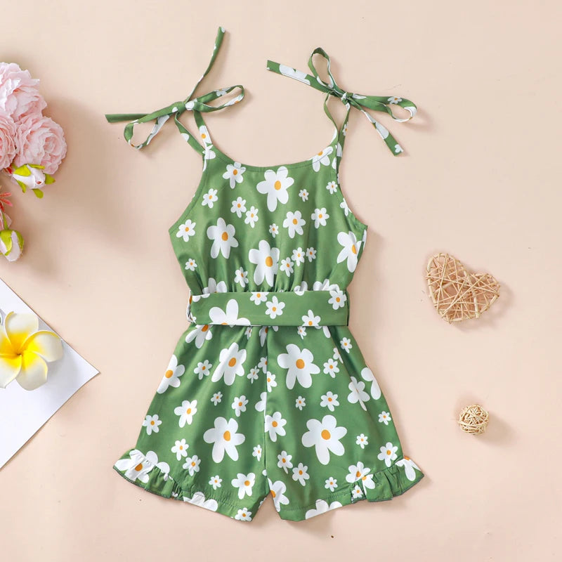 Baby Toddler Kids Girls Summer Romper Casual Western Highland Cow Daisy Flower Print Sleeveless Tie Tank Top Shorts Jumpsuit with Belt