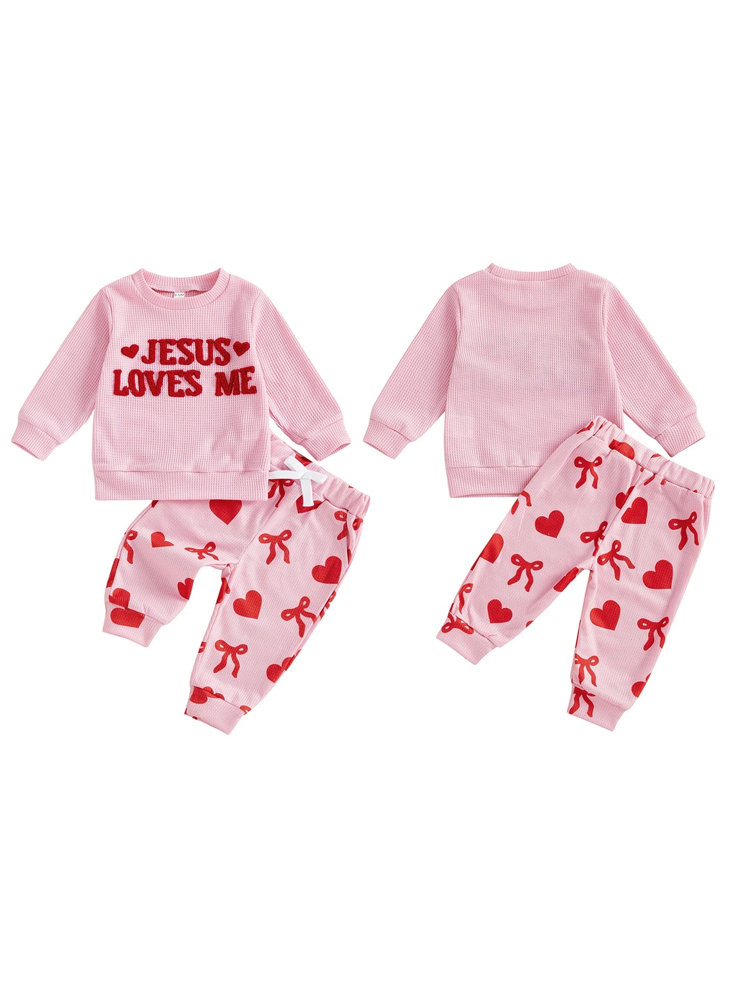 Baby Toddler Girls 2Pcs Valentine's Day Be Mine / Jesus Loves Me Outfit Fashionable Heart Letters Embroidery Long Sleeve Pullover Top with Pants Jogger Set