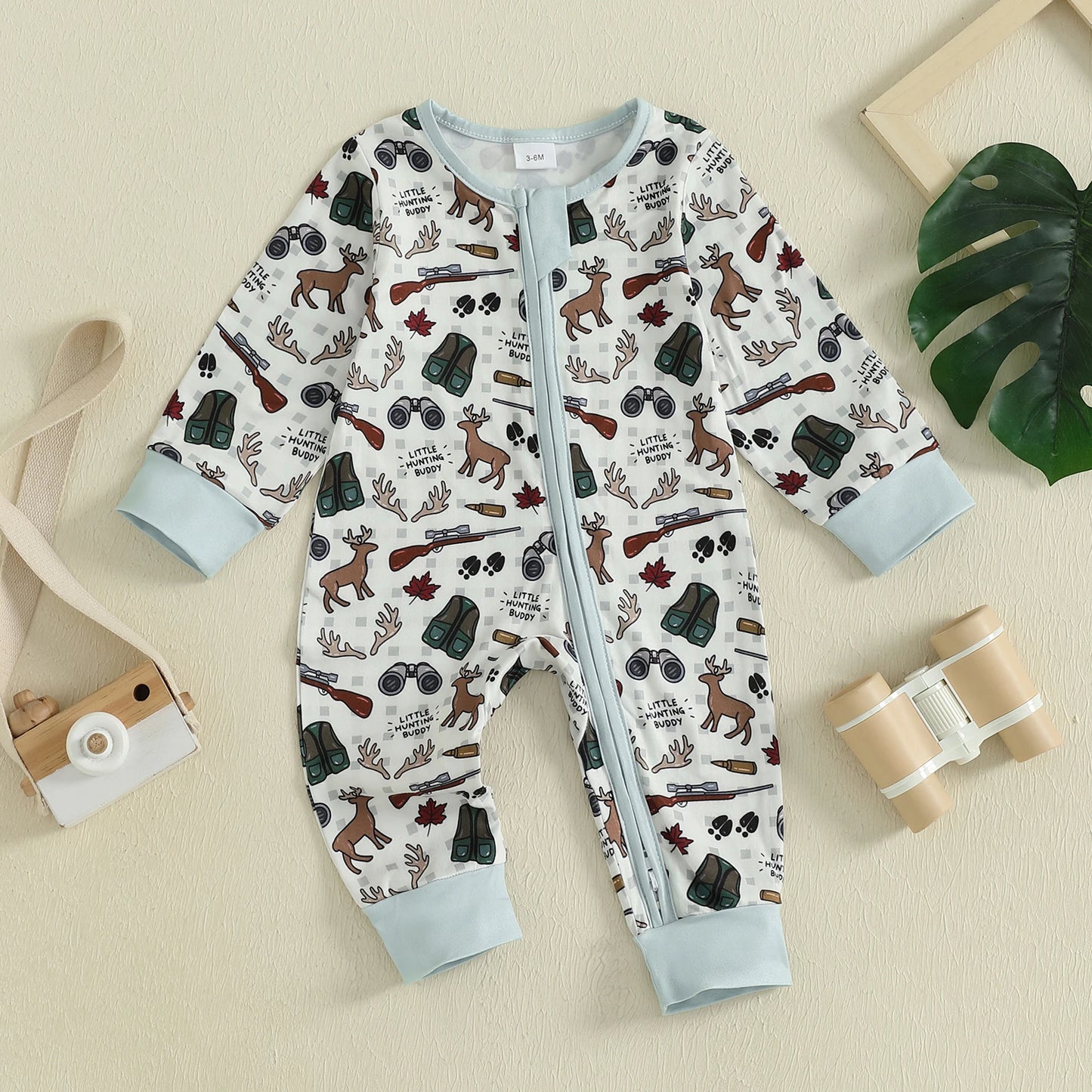 Baby Boys Autumn Casual Jumpsuit Long Sleeve Crewneck Deer Duck Print Zipper Romper