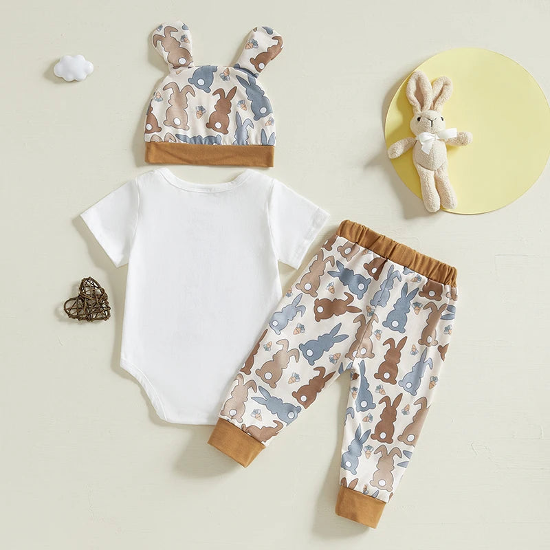 Baby Girl Boy 3Pcs My First 1st Easter Outfit Bunny Print Short Sleeve Romper Bodysuit Long Pants Hat with Rabbit Ears Spring Set