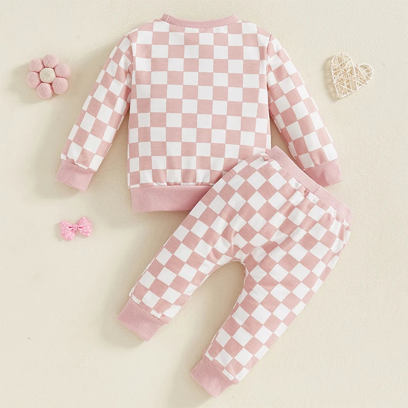 Baby Toddler Girls 2Pcs Fall Sets Long Sleeve O Neck Checkerboard Print Top Drawstring Pants Jogger Set