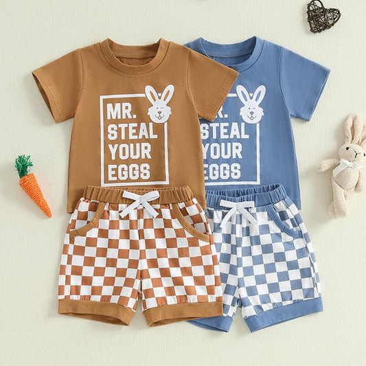 Baby Toddler Boys 2Pcs Mr. Steal Your Eggs Easter Outfit Letter Bunny Rabbit Short Sleeve T-Shirt Top Checkered Shorts Spring Set