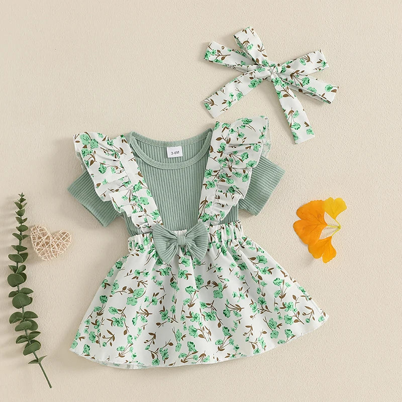 Baby Girls 3Pcs Summer Outfit Solid Flying Sleeve Romper with Floral Print Suspender Dress and Bow Headband Set