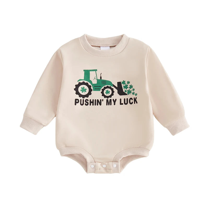 Baby Boys Pushin' My Luck Romper Letter Shamrock Tractor Print Long Sleeve Crew Neck Bubble Jumpsuit