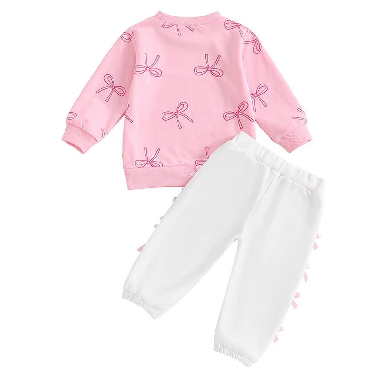 Baby Toddler Girls 2Pcs Fall Outfit Bow Print Print Long Sleeve Top and Elastic Pants Outfit Set