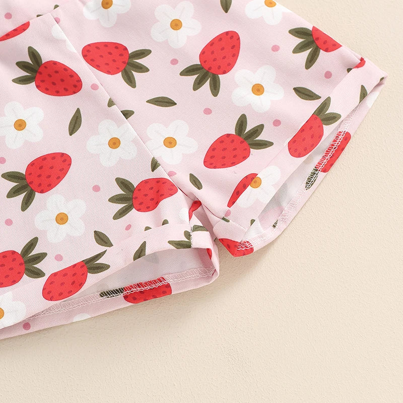 Toddler Kids Girls 2Pcs Summer Outfit Solid Color Ribbed Short Sleeve Top and Flower Strawberry Print Suspender Shorts Overalls Set