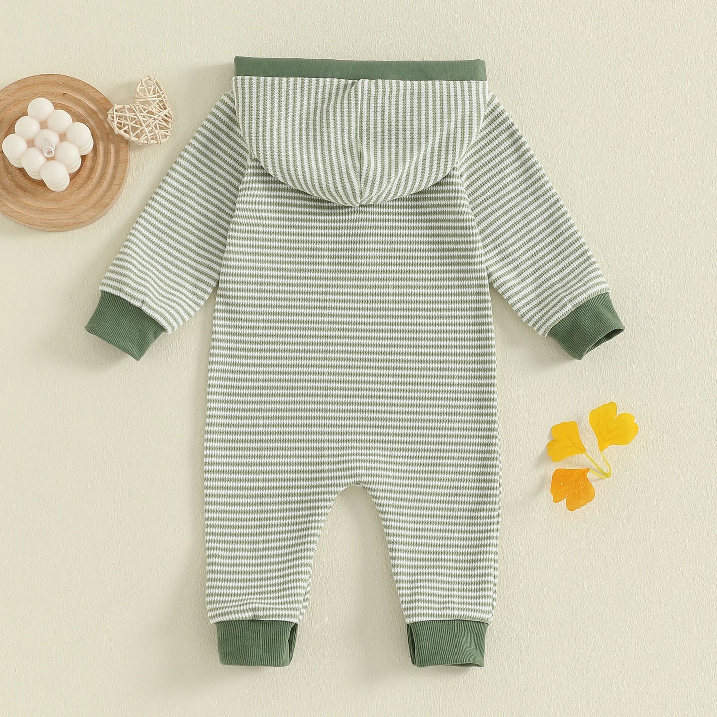 Baby Boy Striped Fall Romper Half Button-up Long Sleeve Hooded Jumpsuit Cute Waffle Clothes