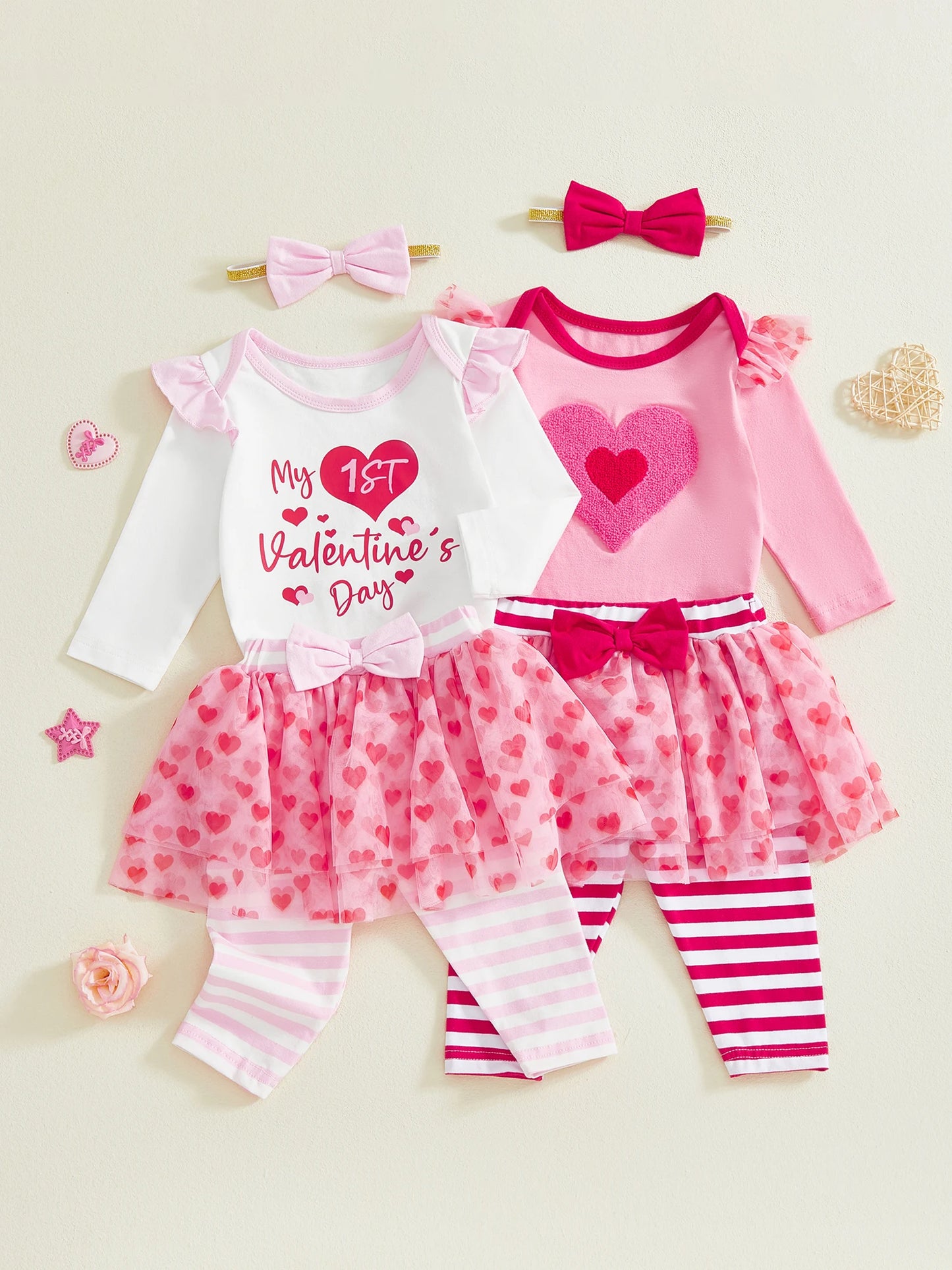 Baby Girl 3Pcs Valentines Day Outfit Heart Ruffle Long Sleeve Romper Striped Skirt Pants and Bow Headband 3 Piece Set